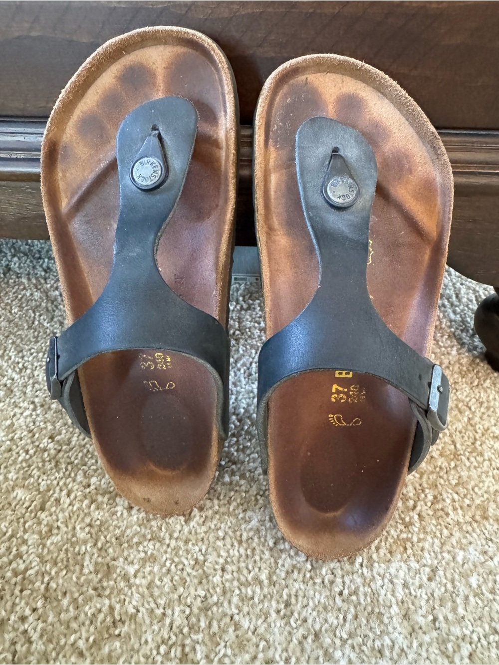 Birkenstock Black Thong Sandals with Brown Footbed